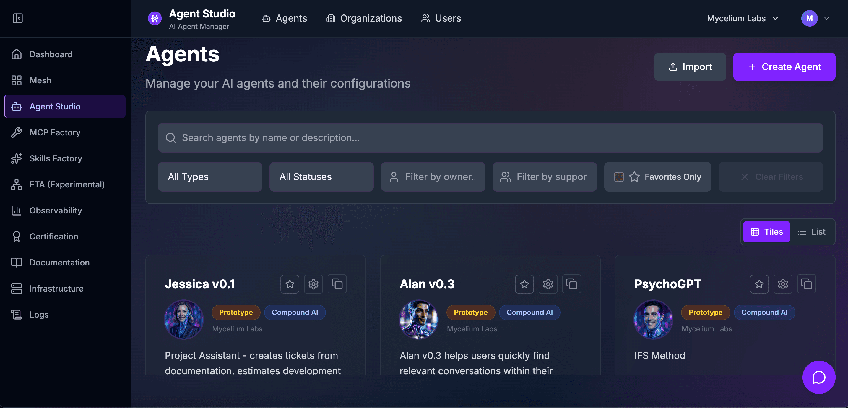 Agent Studio dashboard showing agent configuration